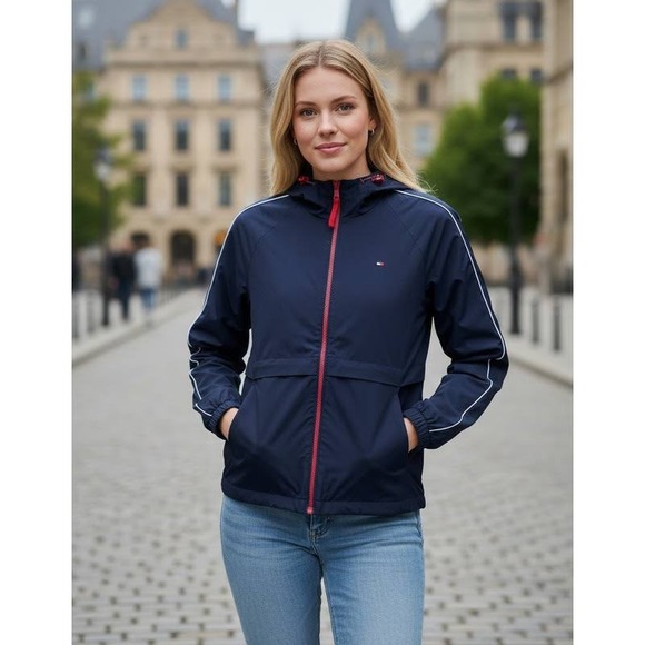 NWT Tommy Hilfiger Womens Navy Blue Hooded Windbreaker Jacket Red Trim Size L - Picture 2 of 7